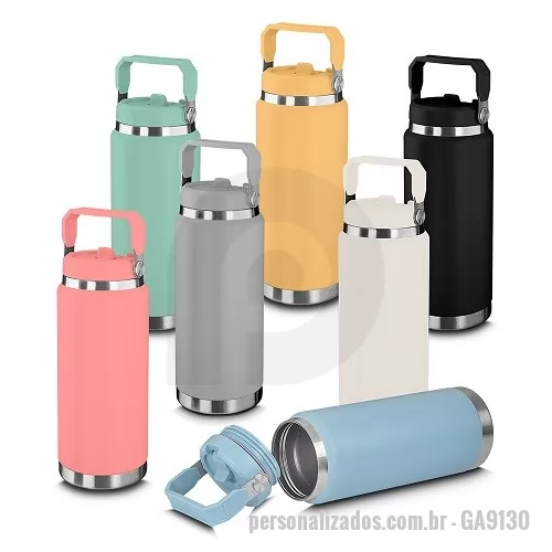 Garrafa personalizada - Garrafa térmica em aço inox com parede dupla com capacidade de até 900ml,tampa rosqueável com alça em plástico, permite-se hidratar por canudo ou bico, com e anel de silicone para vedação.