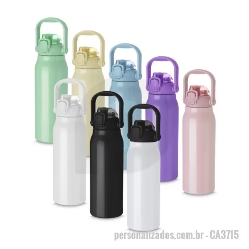 Garrafa personalizada -      Código: CA 3715 Quantidade Mínima: 50   Garrafa térmica em aço inox com parede dupla isolada a vácuo, com capacidade de até 1,5l. Além de garantir a temperatura ideal do líquido por horas, é muito fácil de ser transportada por sua alça superior que torna o uso desse potente recipiente muito mais simples. Tampa rosqueável, bico removível trazendo possibilidades de uso com anel de silicone na tampa para vedação.  Conserva líquidos : ?? 3 horas ??6 horas