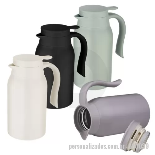 Garrafa personalizada - Garrafa Térmica com parede dupla em aço inox com capacidade de 950ml, parede externa com pintura a pó. Alça de transporte lateral em plástico. Tampa plástica rosqueável com vedação em silicone, possui sistema corta-pingo.