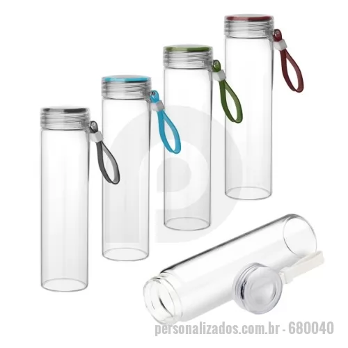 Garrafa personalizada - Garrafa em vidro borossilicato com capacidade de 400ml. Alça de transporte em silicone. Tampa de plástico rosqueável com anel de silicone.