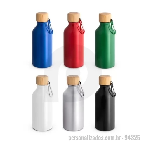 Garrafa personalizada - Squeeze em alumínio 100% reciclado com cor sólida brilhante. A squeeze tem uma tampa em bambu, à prova de água, e mosquetão que facilita o transporte. Capacidade até 400 mL. Caixa branca 94656 vendida opcionalmente. Certificação EU Food Grade. A cor e o resultado da impressão nos materiais naturais pode variar entre produtos. ø66 x 171 mm