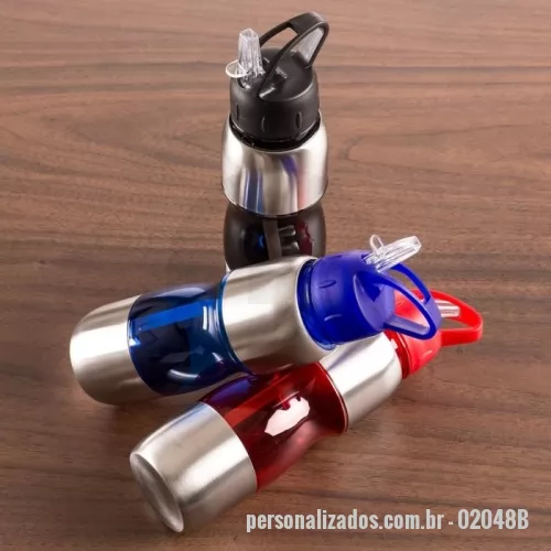 Garrafa personalizada - Garrafa Personalizada - 02048B - Squeeze Alumínio 600ml  Descrição: Squeeze produzido em alumínio resistente com capacidade de 600 ml. Possui alça plástica, tampa rosqueável com bico retrátil, além de canudo interno para facilitar a ingestão sem precisar inclinar o frasco. Conta também com detalhes plásticos coloridos, trazendo estilo e identidade ao produto. Ideal para uso diário, treinos, caminhadas e brindes personalizados.  Especificações:  Medidas para gravação (CxL): 4 cm × 6 cm  Tamanho total aproximado: 25 cm × 7 cm × 21,8 cm  Peso aproximado: 150 g - 178445 - Garrafa