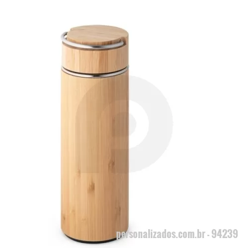 Garrafa personalizada - Garrafa Personalizada - 94239 - Garrafa em aço inox e bambu de parede dupla térmica, isolada a vácuo. Possui tampa com alça para fácil transporte e infusor em aço inox para chá. Capacidade até 440 mL - 179180 - Garrafa