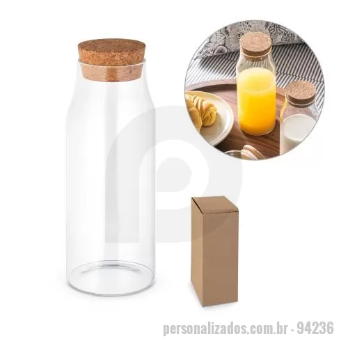 Garrafa personalizada - Garrafa Personalizada - 94236 - Garrafa de água para mesa em vidro borossilicato com tampa de cortiça. Capacidade até 1 L. Fornecido em caixa presente de papel kraft reciclado. Certificação EU Food Grade. ø83 x 215 mm - 179414 - Garrafa