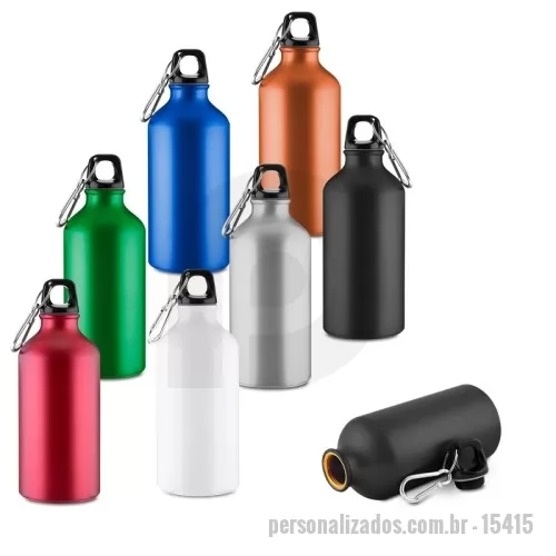 Garrafa personalizada - Garrafa Personalizada - 15415 - Garrafa em alumínio com capacidade para até 550ml. Conta com tampa rosqueável em plástico e mosquetão metálico acoplado à tampa para transporte.  Altura: 19,1 cm Largura: 7,3 cm Circunferência: 23 cm - 180001 - Garrafa
