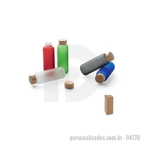 Garrafa personalizada - Squeeze de vidro borossilicato fosco com tampa em bambu e capacidade até 500 ml.