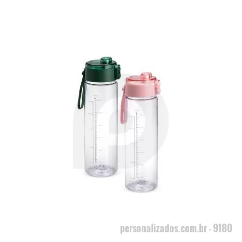 Garrafa personalizada - Garrafa feita em plástico livre de BPA com capacidade máxima de 750 ml e marcação de volume impressa de até 700 ml. Possui tampa rosqueável em polipropileno PP com protetor para o bocal, botão de acionamento e alça de mão em silicone. Altura : 24,5 c
