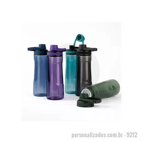 Garrafa personalizada - Garrafa plástica em policarbonato PC livre de BPA com capacidade máxima de 750 ml. Possui tampa rosqueável em polipropileno PP com protetor para o bocal, anel emborrachado antiderrapante e alça fixa para transporte. Acompanha peneira plástica para en