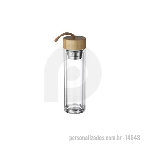 Garrafa personalizada - Garrafa de vidro 360 ml com parede dupla e infusor de metal. Contém tampa rosqueavel de bambu e alça de tecido embutida. Altura : 23 cm Largura : 6,9 cm Circunferência : 21 cm Peso aproximado g : 435