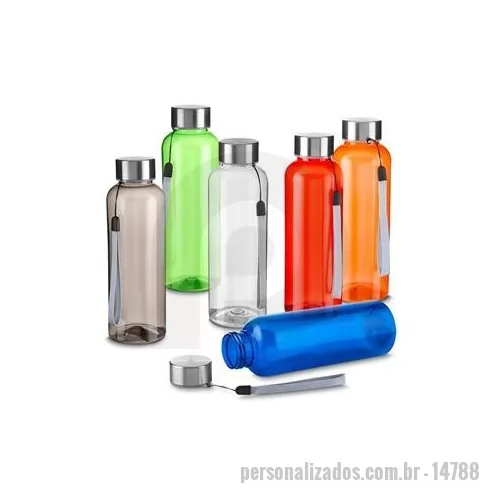 Garrafa personalizada - Garrafa plástica 500 ml feita em material PET reciclado. Tampa de metal rosqueável com cordão.