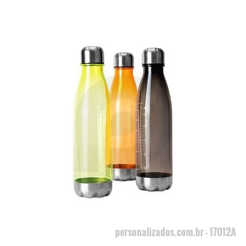 Garrafa personalizada - Garrafa plástica translúcida com capacidade máxima de 750ml e marcação de volume até 700 ml. Conta ainda com base e tampa rosqueável em alumínio. Altura : 26,7 cm Largura : 7,1 cm Circunferência : 33,2cm Peso aproximado g : 95