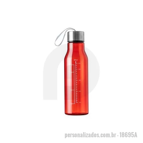 Garrafa personalizada - Garrafa plástica com capacidade máxima de 615ml e marcação de volume de 600ml. Possui tampa rosqueável em alumínio com alça de nylon para transporte. Altura : 23 cm Largura : 6,7 cm Circunferência : 21,1 cm Peso aproximado g : 90