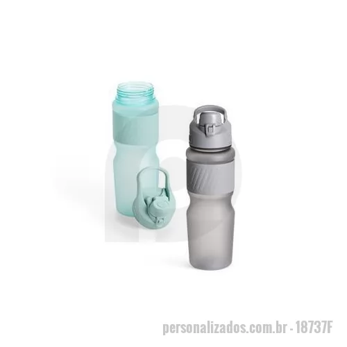 Garrafa personalizada - Squeeze plástico com acabamento fosco e capacidade de até 750 ml. Possui luva emborrachada, tampa rosqueável com bocal e alça fixa para transporte. O bocal conta ainda com uma tampa de proteção com trava de segurança. Altura : 24,8 cm Largura : 9,1 c