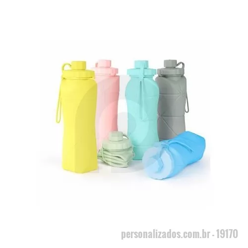 Garrafa personalizada - Garrafa dobrável com capacidade máxima de 500 ml. Possui estrutura flexível em silicone, livre de BPA e é compatível com lava louças. Conta com tampa rosqueável em polipropileno PP com protetor de encaixe para o bico e alça lateral para transporte, q