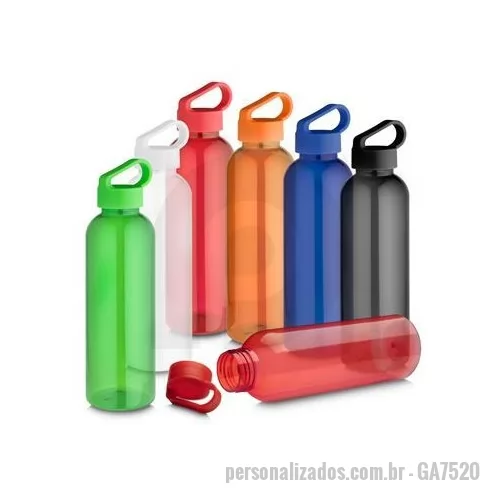 Garrafa personalizada - Garrafa *RPET com capacidade de até 550ml, tampa plástica com alça integrada. *RPET: Tereftalato de polietileno reciclado Dimensão Produto:23,5x6,5cm Peso do Produto:0,072kg