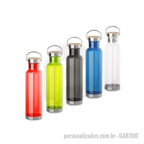 Garrafa personalizada - Garrafa plástica com tampa de aço inoxidável com detalhe na tampa em bambu. Tampa rosqueável. Com capacidade de até 800ml.