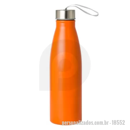 Garrafa personalizada - Garrafa em inox com a capacidade total para até 750ml. Conta com tampa rosqueável e alça fixa em nylon para transporte.  Altura: 24,7 cm Largura: 7,2 cm Medidas aproximadas para gravação: (CxL): 20 cm x 5 cm Tamanho: (CxL): Diâmetro Bocal: 3,1 cm