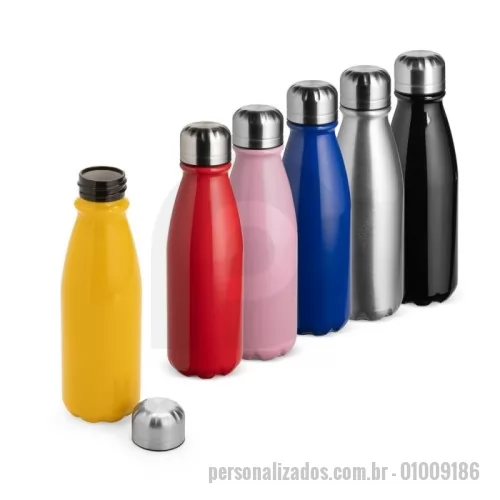 Garrafa personalizada - Garrafa em alumínio com capacidade máxima de 550ml. Possui acabamento em verniz transparente e tampa rosqueável em alumínio com interior em plástico.