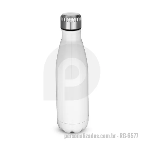 Garrafa personalizada - Garrafa em aço inox 304 com capacidade de até 700 ml. Tampa rosqueável e anel de silicone para vedação. Design com frisos na tampa.