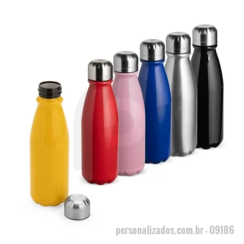 Garrafa personalizada - Garrafa em alumínio com capacidade máxima de 550ml. Possui acabamento em verniz transparente e tampa rosqueável em alumínio com interior em plástico.