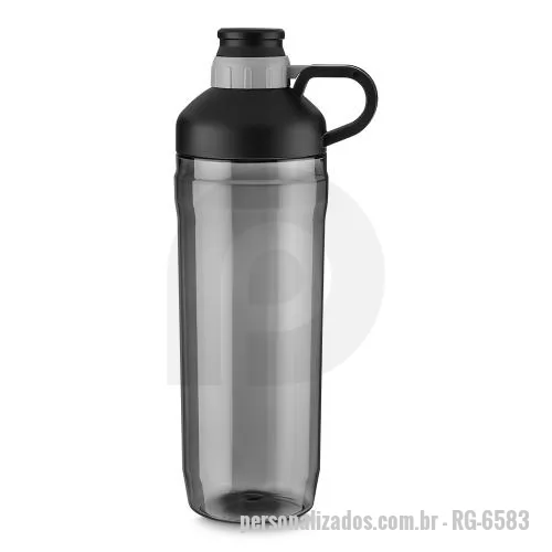 Garrafa personalizada - Garrafa plástica com capacidade de 1.500ml. Alça de mão plástica, tampa plástica com anel de silicone para vedação e bico rosqueável.