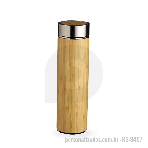 Garrafa personalizada - Garrafa de bambu e inox térmica 500ml com parede dupla e infusor. Conserva temperatura quente ou fria.