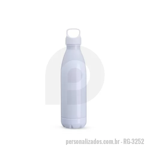 Garrafa personalizada - Garrafa feita em PVC com capacidade máxima de 680ml e tampa rosqueável em plástico ABS com alça fixa. Conta com fundo removível, que ajuda a evitar o contato com superfícies sujas.