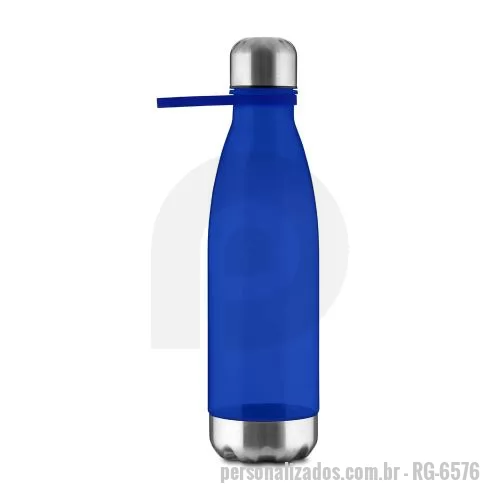 Garrafa personalizada - Garrafa plástica em RPET com capacidade de até 700 ml com alça flexível em silicone. Tampa rosqueável com anel de silicone para vedação, base em metal.