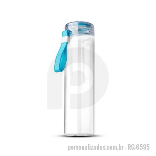 Garrafa personalizada - Garrafa em vidro borossilicato com capacidade de 400ml. Alça de transporte em silicone. Tampa de plástico rosqueável com anel de silicone.