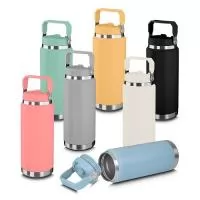 Garrafa térmica em aço inox com parede dupla com capacidade de até 900ml,tampa rosqueável com alça em plástico, permite-se hidratar por canudo ou bico, com e anel de silicone para vedação.
