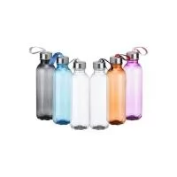 Garrafa PET 650ml com tampa de alumínio e alça para transporte embutida.