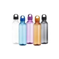Garrafa PET 650ml com tampa plástica e alça para transporte.