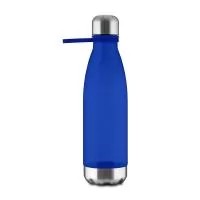 Garrafa plástica em RPET com capacidade de até 700 ml com alça flexível em silicone. Tampa rosqueável com anel de silicone para vedação, base em metal.