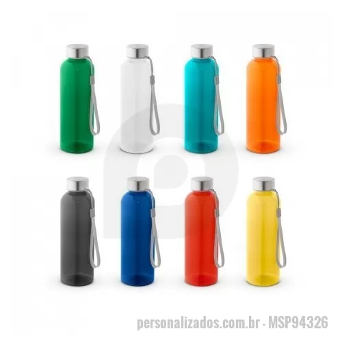 Garrafa Plástica personalizada - Squeeze em rPET 100% reciclado e tampa em aço inox, com pega em corda para facilitar o transporte. Capacidade até 580 mL. Caixa branca 94656 vendida opcionalmente. Certificação EU Food Grade. ø65 x 210 mm