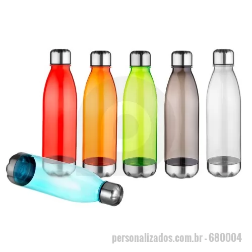 Garrafa Plástica personalizada - Garrafa plástica com capacidade de até 700 ml. Tampa rosqueável com anel de silicone para vedação, base em metal. Plástico Utilizado PC (Policarbonato)
