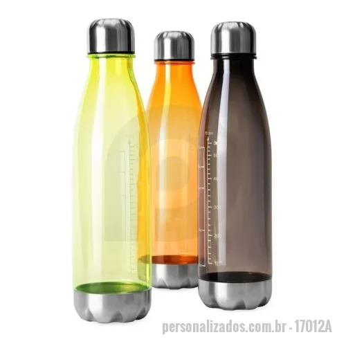 Garrafa Plástica personalizada - Descrição: Garrafa plástica translúcida com capacidade máxima de 750ml e marcação de volume até 700ml. Conta ainda com base e tampa rosqueável em alumínio.  Altura :  26,7 cm  Largura :  7,1 cm  Circunferência :  33,2cm  Medidas aproximadas para gravação (CxL):  14 cm x 6 cm