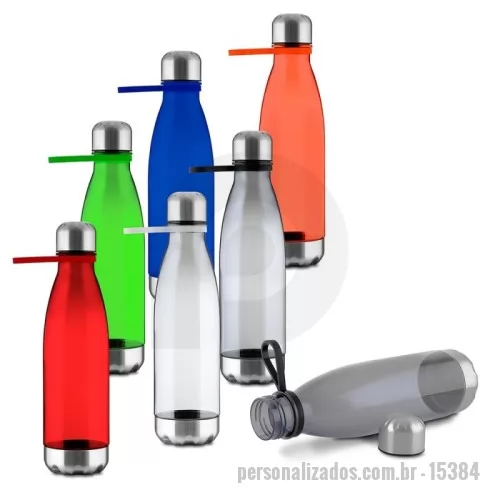 Garrafa Plástica personalizada - Descrição: Garrafa em rPET com capacidade máxima de 700ml. Possui tampa rosqueável e base metálicos, além de alça flexível de silicone.  Altura :  26,5 cm  Largura :  7,2 cm  Circunferência :  22,5 cm  Medidas aproximadas para gravação (CxL):  18 cm x 6 cm