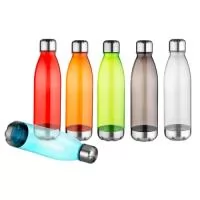 Garrafa plástica com capacidade de até 700 ml. Tampa rosqueável com anel de silicone para vedação, base em metal. Plástico Utilizado PC (Policarbonato)
