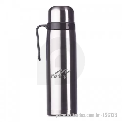 Garrafa térmica personalizada - GARRAFA TÉRMICA 1 LITRO EM INOX COM ALÇA PLÁSTICA PRETA. POSSUI TAMPA ROSQUEÁVEL, TAMPA INTERNA ROSQUEÁVEL COM BICO PLÁSTICO VERMELHO.