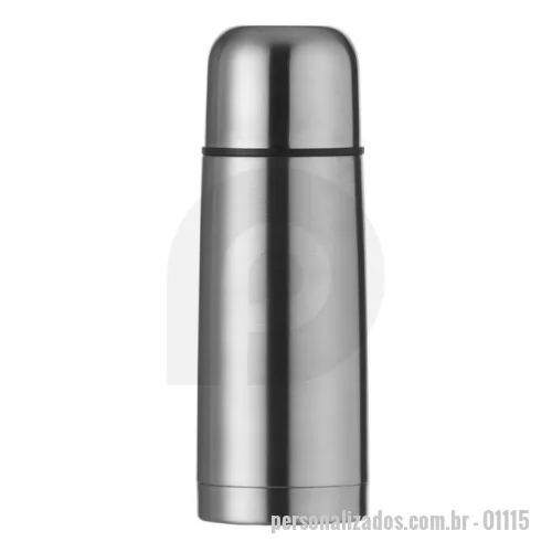 Garrafa térmica personalizada - Garrafa térmica 350ml em inox com tampa rosqueável, tampa interna em plástico resistente(basta um clique para abrir ou fechar). Acompanha capa protetora de couro sintético com alça de nylon.