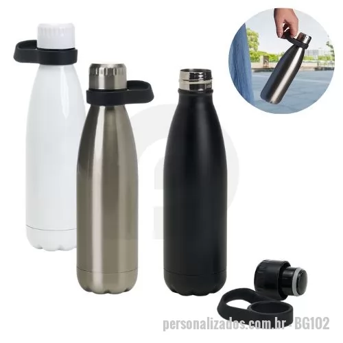 Garrafa térmica personalizada - Garrafa Térmica Inovut - 510ml. Em aço inoxidável com parede dupla, tampa com vedação à prova de vazamento, alça em silicone para transporte, pode ser lavada em lava-louças, conserva gelado até 24 horas e quente até 12 horas. Gravação Laser e Silkscreen. Tamanho 25,5x6,5(Diam.) cm