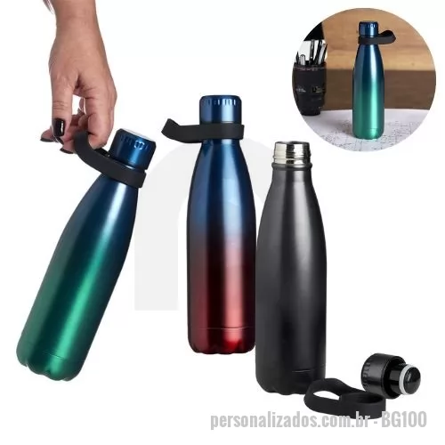 Garrafa térmica personalizada - Garrafa Térmica Inovut - 510ml. Em aço inoxidável com parede dupla, tampa com vedação à prova de vazamento, alça em silicone para transporte, pode ser lavada em lava-louças, conserva gelado até 24 horas e quente até 12 horas. Gravação Laser e Silkscreen. Tamanho 25,5x6,5(Diam.) cm.