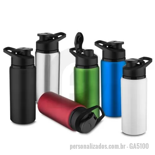 Garrafa térmica personalizada - Garrafa de alumínio de 600ml em cores. Tampa rosqueável, bico com tampa vedada de acesso rápido, e alça para transporte.