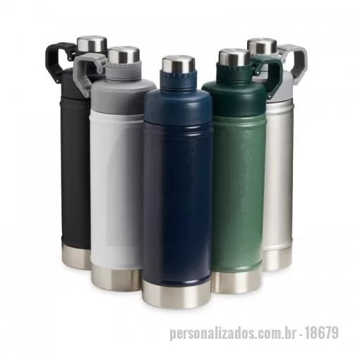 Garrafa térmica personalizada - Descrição: Garrafa térmica de parede dupla em inox, capacidade de 700ml. Tampa principal com bocal e tampa protetora com alça de transporte acoplada.