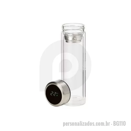 Garrafa térmica personalizada - Detalhes:  Garrafa Térmica em vidro borossilicato, com parede dupla (mantém temperatura interna por muito mais tempo) e capacidade de 450ml. Termômetro Led (funcionamento com toque) incorporado na tampa para medir temperatura do liquido. Infusor para chá em aço inoxidável. Tampa com vedação a prova de vazamento.  Diâmetro maior e menor 6,7cm.