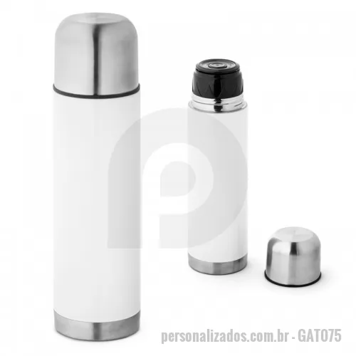 Garrafa térmica personalizada - Garrafa em aço inox com parede dupla, para sublimação. Tampa com sistema de vácuo. Capacidade até 500ml. Mantém as bebidas quentes por 12h e frias por 24h. Food grade. Fornecida em caixa.