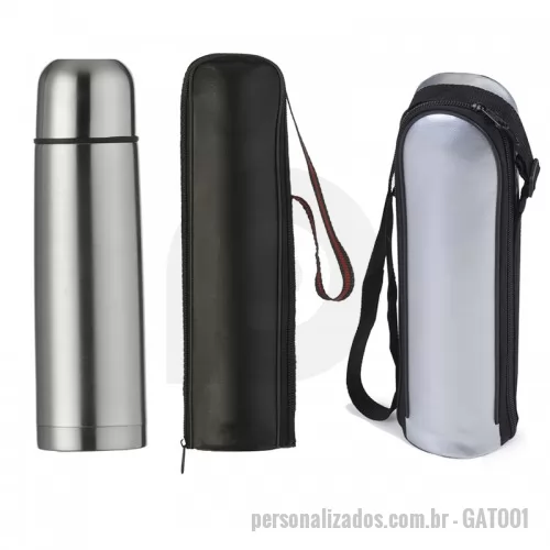 Garrafa térmica personalizada - Garrafa Térmica 500ml em inox com tampa rosqueável, tampa interna em plástico resistente(basta um clique para abrir ou fechar). Acompanha capa protetora de couro sintético com alça de nylon. Cor de embalagem preta ou prata, sujeito a disponibilidade de estoque. Mantém a temperatura do líquido por até 4 horas.