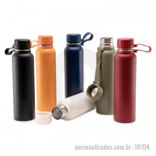 Garrafa térmica personalizada - Descrição: Garrafa térmica com infusor de bebidas, feita em inox 304 com capacidade de 1 litro. Contém base antiderrapante e alça de silicone acoplada na tampa.