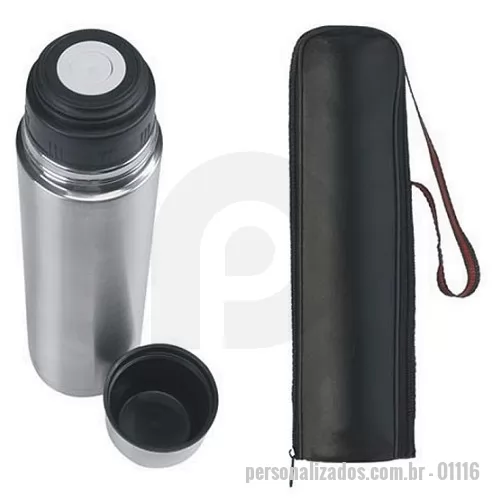 Garrafa térmica personalizada -  Garrafa térmica 500ml em inox com tampa rosqueável, tampa interna em plástico resistente(basta um clique para abrir ou fechar). Acompanha capa protetora de couro sintético com alça de nylon.  Altura :  24,8 cm  Largura :  6,7 cm