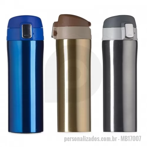 Garrafa térmica personalizada - Garrafa térmica com capacidade até 350ml com sistema de trava. Material metálico com revestimento interno em inox, possui tampa plástica fosca com borracha interna para vedação evitando o vazamento de líquido e prezando sua temperatura; possui botão central para abertura e trava lateral(basta seguir a orientação dos desenhos de cadeados simulando o travamento/destravamento da tampa).  A Garrafa Térmica 350ml  possui várias cores e é um produto fantástico para divulgar a sua Marca e Fidelizar o seu Cliente.
